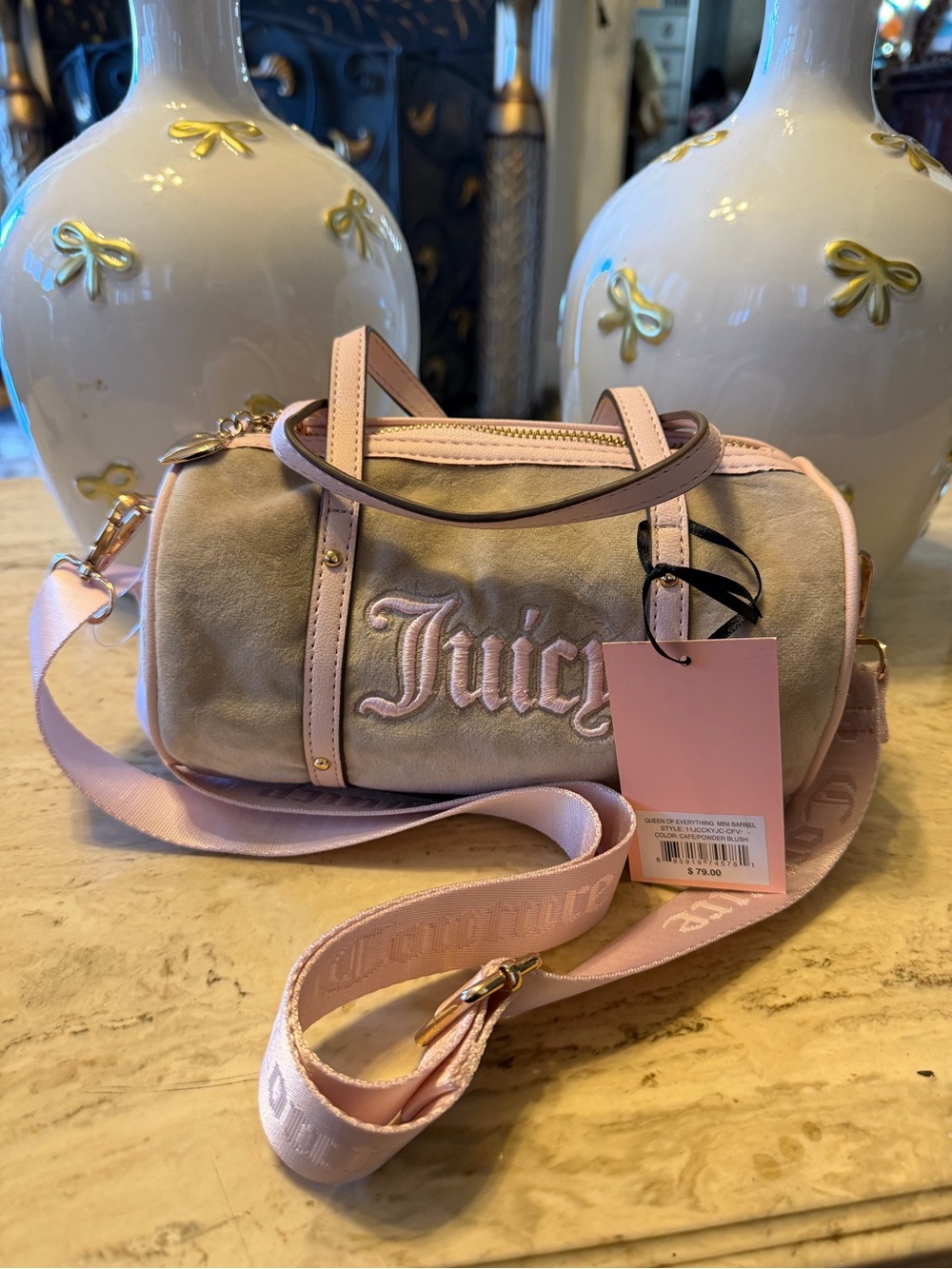Juicy Couture Pink and Taupe Suede Mini Barrel Bag